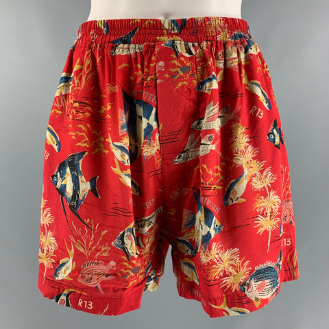 R13 Size L Red Viscose Tropical Fish Print Shorts