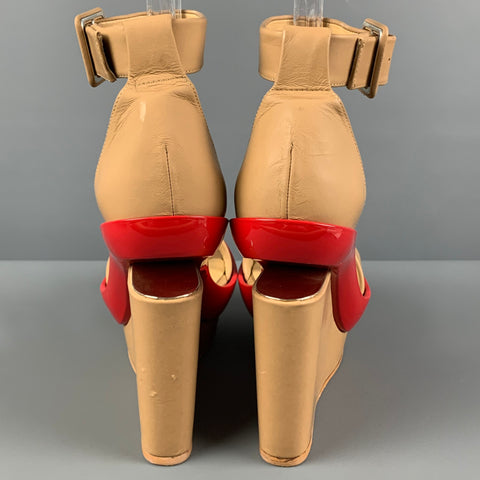 PAUL KA Sandalias de cuña de charol de cuero rojo beige talla 8