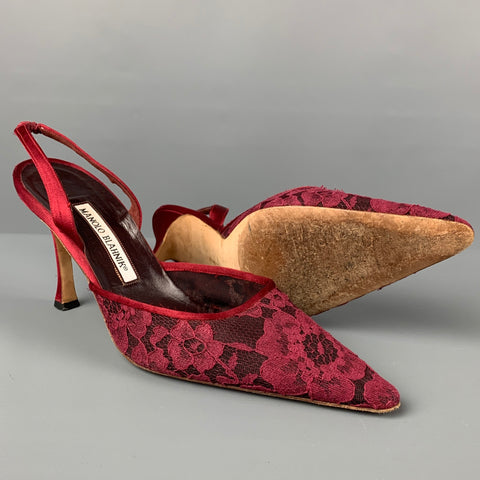 MANOLO BLAHNIK Size 8.5 Burgundy Lace Slingback Pumps