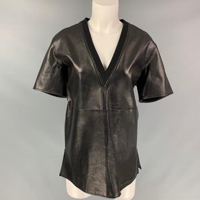 GIVENCHY 2017 Size M Black Lambskin Leather V-Neck Top Oversized Blouse Tee
