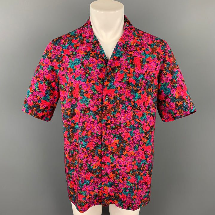 DRIES VAN NOTEN S/S 20 Size M Fuchsia & Green Floral Viscose Camp Short Sleeve Shirt