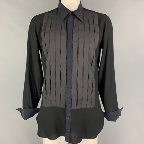 ROBERTO CAVALLI Size XL Black Navy Charcoal Pleated Tuxedo Long Sleeve Shirt
