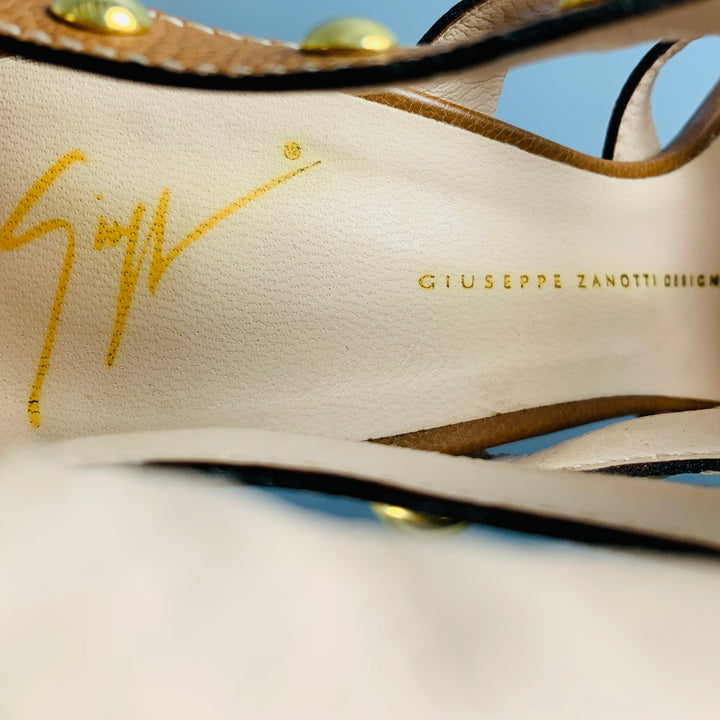 GIUSEPPE ZANOTTI Size 8 Brown Gold Leather Studded Ankle Sandals