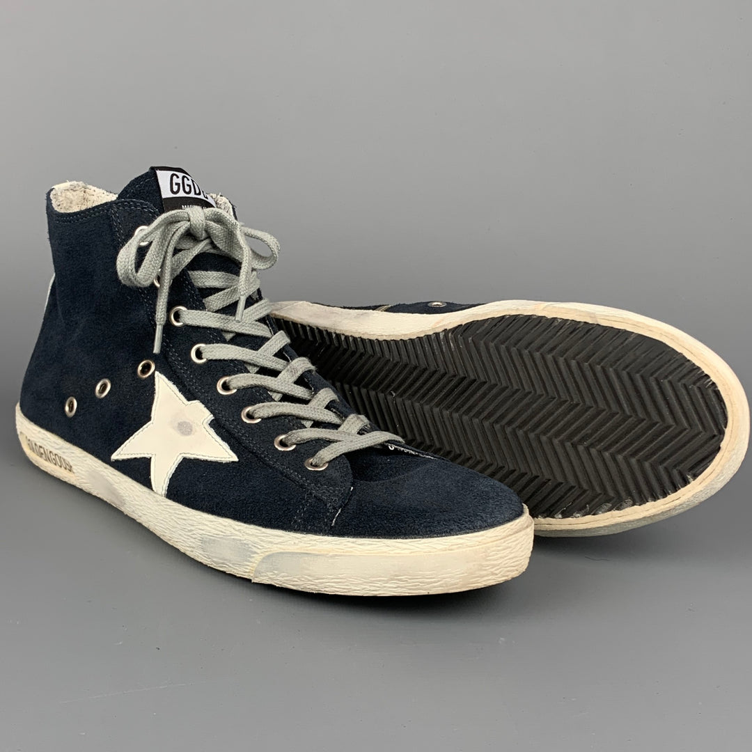 GOLDEN GOOSE Francy Size 10 Navy & White Distressed Suede High Top Sneakers