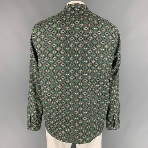 GUCCI Cambridge Size XL Green & Purple Pearl Eyes Print Cotton Button Up Long Sleeve Shirt