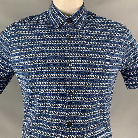 PRADA Size L Blue & White Geometric Button Down Short Sleeve Shirt
