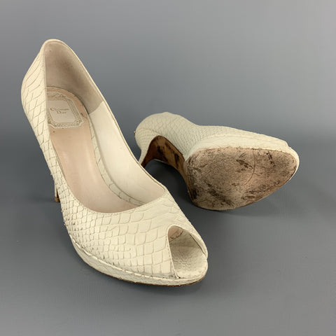 CHRISTIAN DIOR Size 9 Cream Snake Skin Peep Toe Platform Pumps