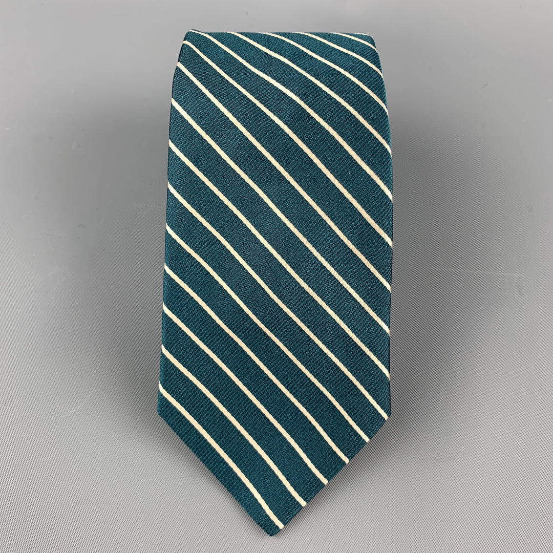 MICHAEL BASTIAN Green & White Diagonal Striped Silk Tie