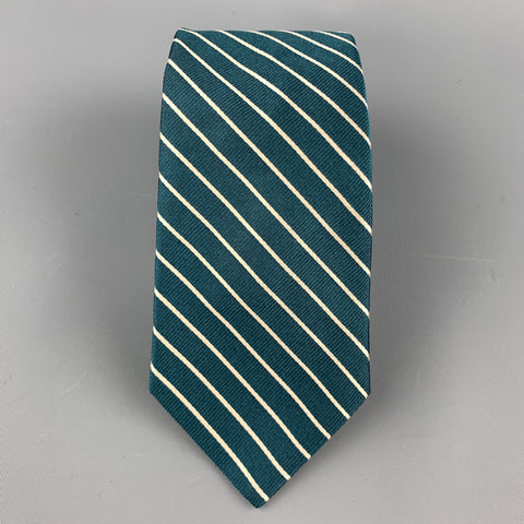 MICHAEL BASTIAN Green & White Diagonal Striped Silk Tie