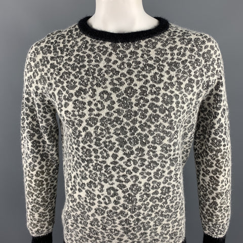 SAINT LAURENT Size L Black & White Leopard Print Mohair Blend Crew-Neck Sweater