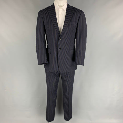ERMENEGILDO ZEGNA Talla 38 Traje de solapa de muesca de lana a rayas azul marino y marrón