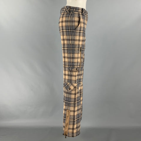 MOSCHINO Talla 6 Pantalones casuales cargo a cuadros de lana virgen gris beige