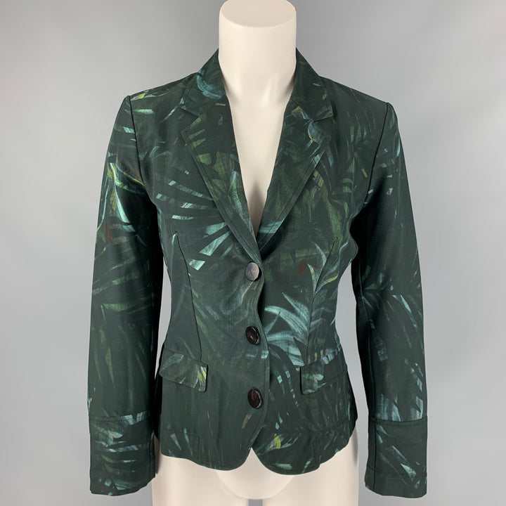 LANVIN 2011 Size 6 Dark Green & Blue Leaf Print Viscose Jacket