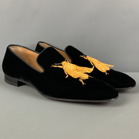 CHRISTIAN LOUBOUTIN Size 10 Black Gold Applique Velvet Slip On DandyBee Loafers