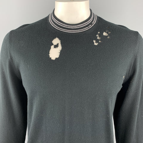 MAISON MARGIELA Talla L Suéter tipo jersey con ribete de rayas en contraste en mezcla de algodón desgastado negro