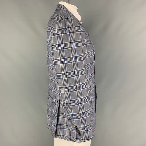 KITON Size 44 Blue Black White Plaid Cashmere Notch Lapel Sport Coat