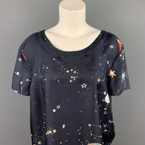 VALENTINO Spa Size L Navy Cosmo Print Silk Blouse