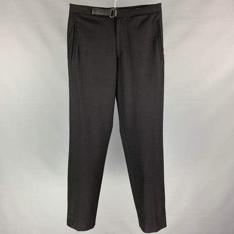 PRADA Size 30 Black Wool Blend Leather Tab Dress Pants