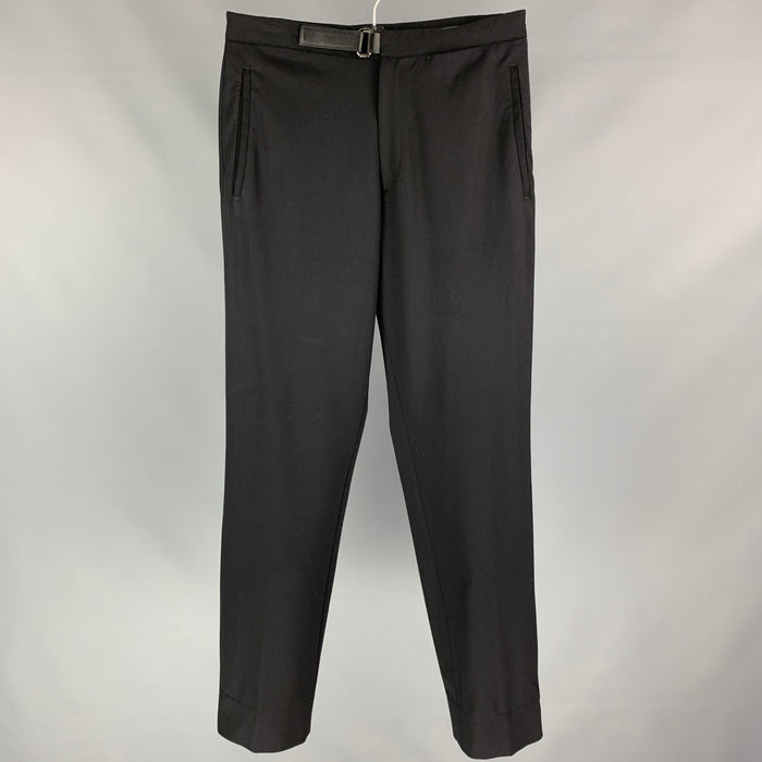 PRADA Size 30 Black Wool Blend Leather Tab Dress Pants