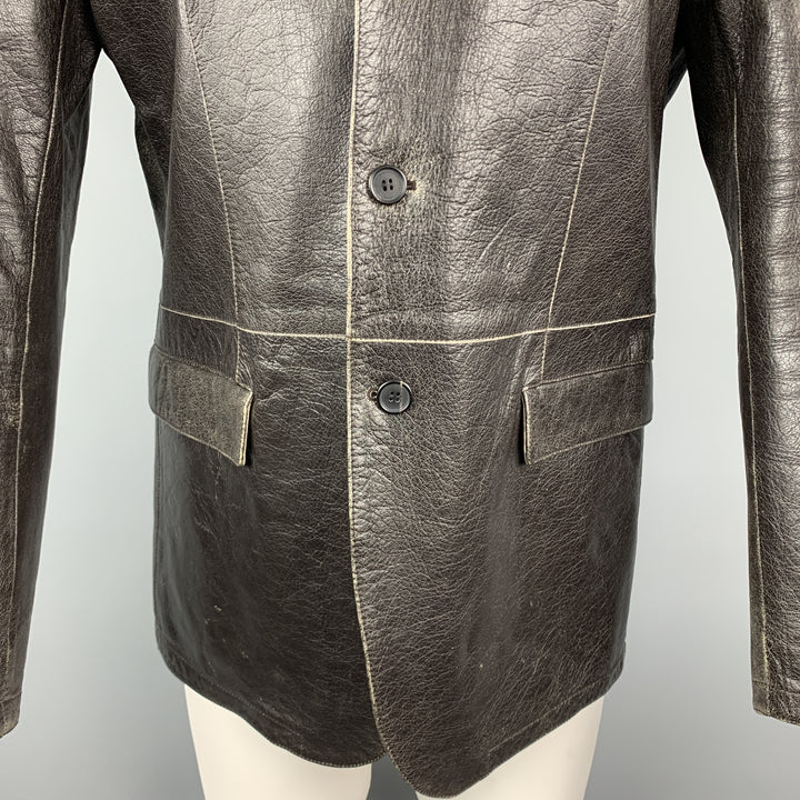 NEIL BARRETT Size M Brown Distressed Leather Notch Lapel Blazer