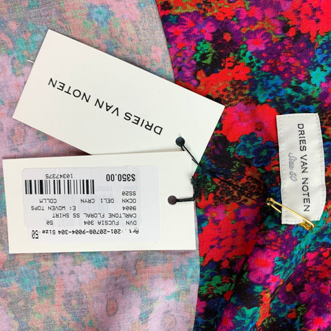 DRIES VAN NOTEN S/S 20 Size M Fuchsia & Green Floral Viscose Camp Short Sleeve Shirt