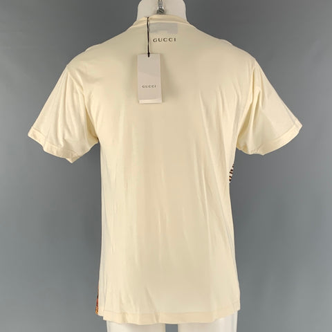 GUCCI Size XXS Beige Multi-Color Embroidery Cotton Crew-Neck T-shirt