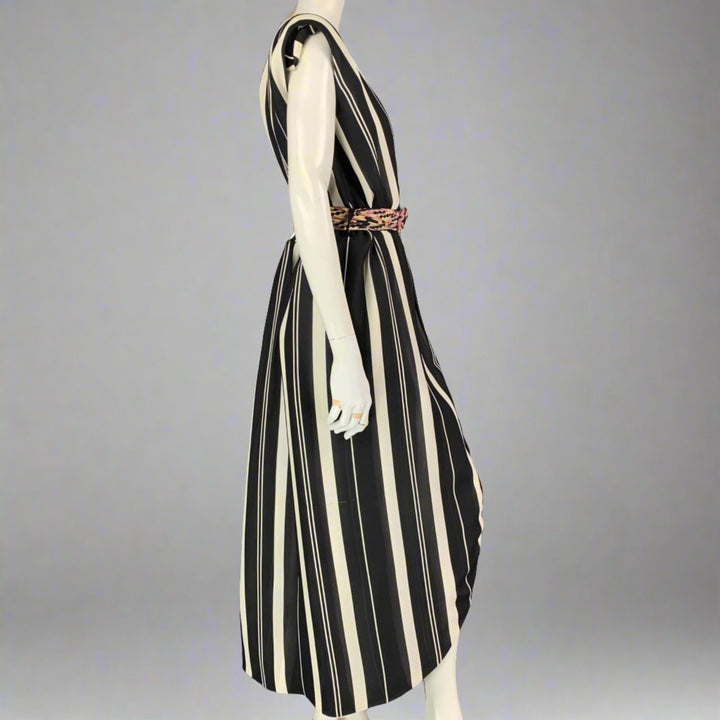LOUIS VUITTON Talla 4 Vestido cruzado sin mangas de seda a rayas en blanco y negro