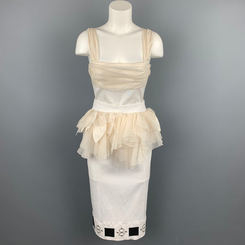 LOUIS VUITTON Taille 6 Robe de cocktail à buste froncé blanc et beige avec ceinture à volants
