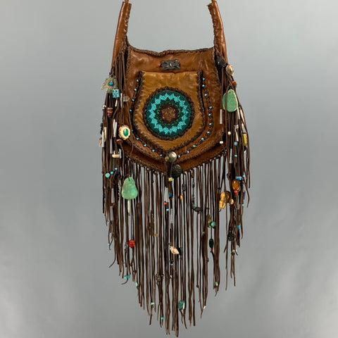 VINTAGE Sac à main à bandoulière en cuir perlé marron turquoise
