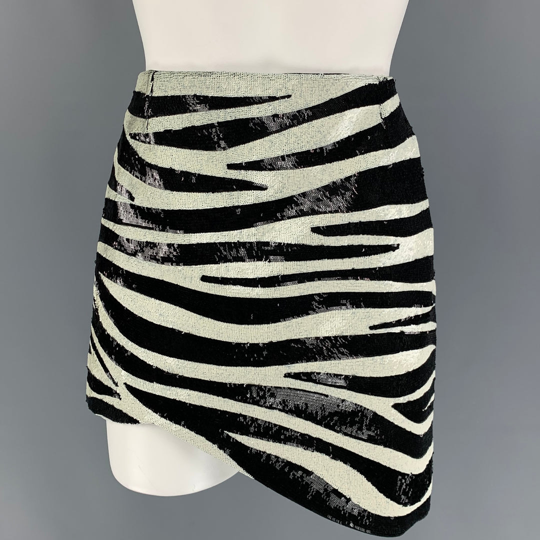 SAINT LAURENT Size 2 Black Cream Zebra Print Stripe Acetate Viscose Sequined Mini Skirt