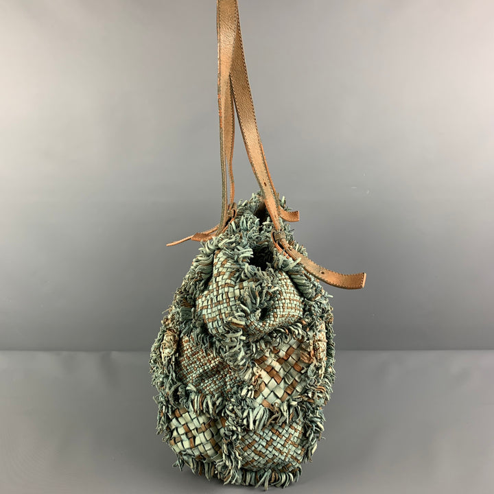 GIORGIO BRATO Green Tan Woven Leather Tote Bag