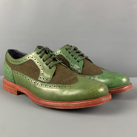 COLE HAAN Size 9.5 Olive Green Perforated Fabric Wingtip Lace Up Shoes