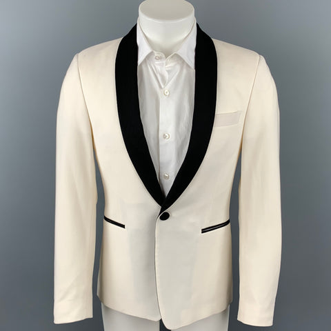 PAUL SMITH Size 36 Regular Cream & Black Wool Shawl Collar Sport Coat