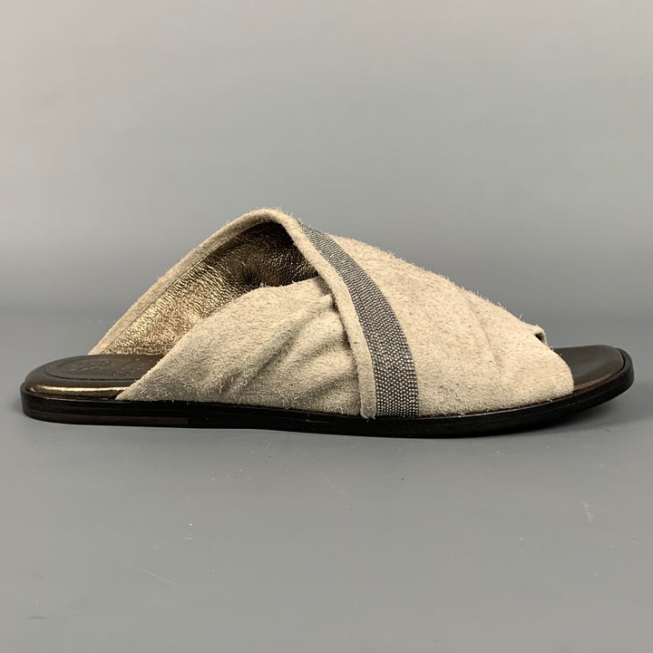 BRUNELLO CUCINELLI Size 8.5 Grey & Silver Suede Criss-crossed Slip On Flats
