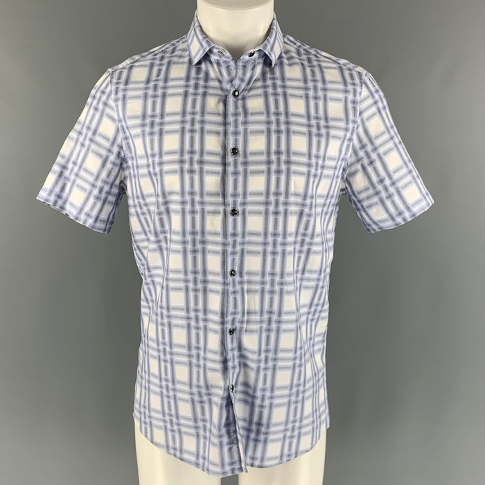 KARL LAGERFELD Size M Blue White Print Cotton Snaps Short Sleeve Shirt