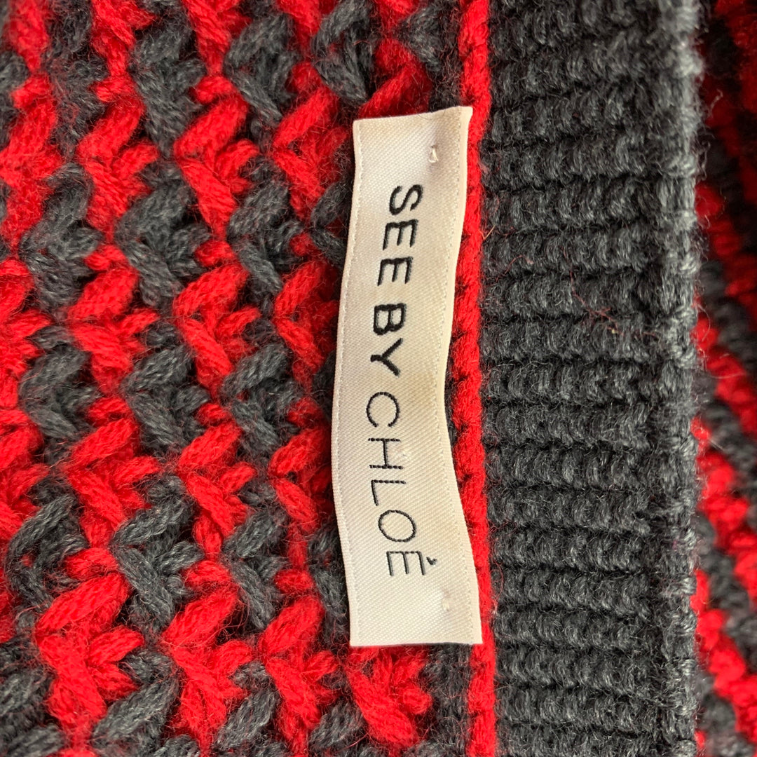 SEE By Chloe Size 8 Grey Red Wool Acrylic Stripe Cardigan