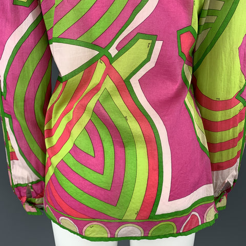 EMILIO PUCCI Vintage Size M Fuchsia & Green Print Cotton Spread Collar Blouse