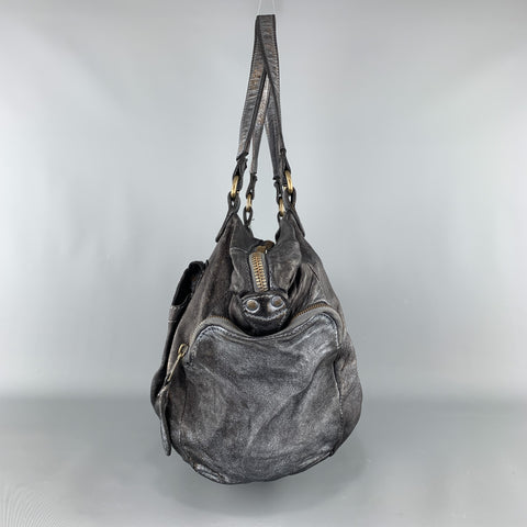 GIORGIO BRATO Distressed Gunmetal Metallic Leather Satchel Handbag