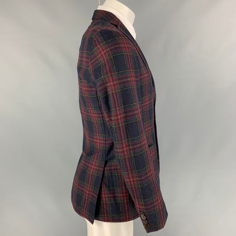 CANTARELLI Size 36 Burgundy & Navy Plaid Virgin Wool Blend Sport Coat
