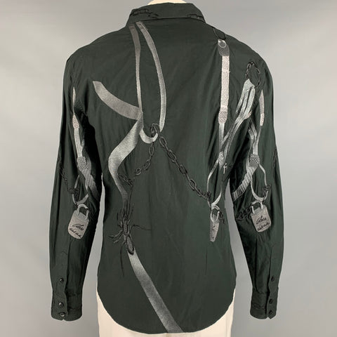 ROBERTO CAVALLI Size XL Black Grey Embroidery Cotton Button Up Long Sleeve Shirt
