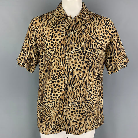 BRIONI Size L Tan Black Animal Print Rayon Camp Short Sleeve Shirt