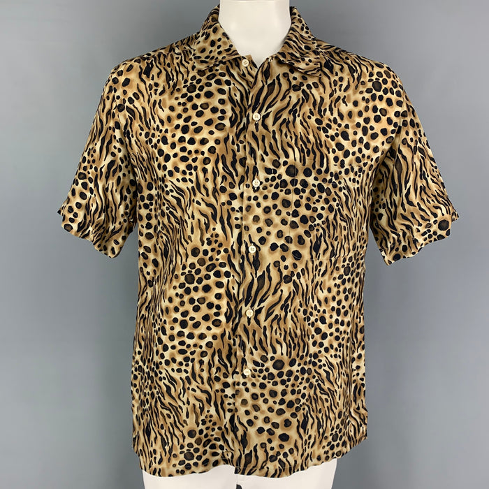 BRIONI Size L Tan Black Animal Print Rayon Camp Short Sleeve Shirt
