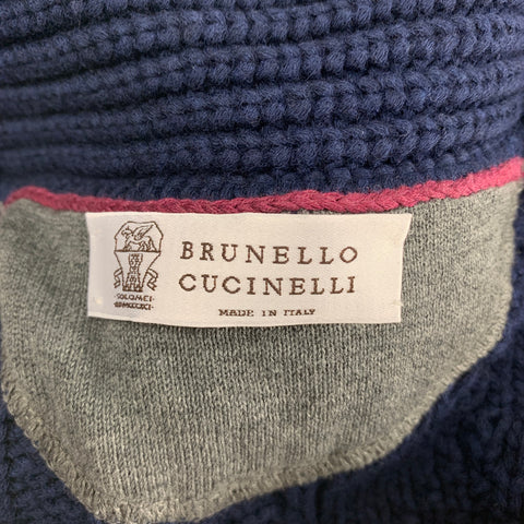BRUNELLO CUCINELLI Size L Navy Cable Knit Cotton / Polyamide Shawl Collar Sweater