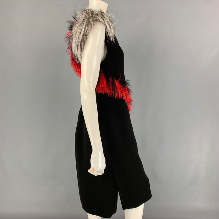 PROENZA SCHOULER Size 8 Black Polyester Lamb Fur Trim Sheath Red Cocktail Dress