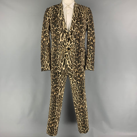 DRIES VAN NOTEN Chest Size 42 Brown Tan Animal Print Wool Notch Lapel 36 31 Suit