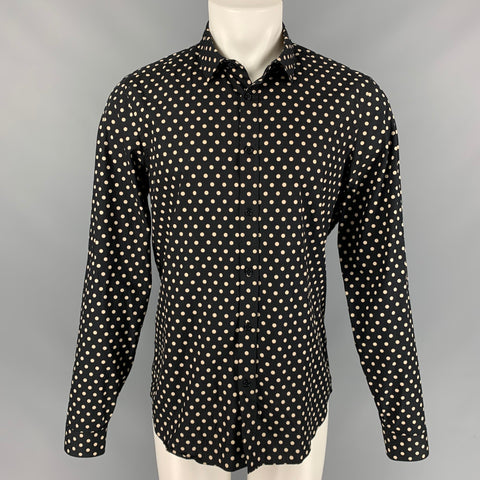 BURBERRY PRORSUM Talla L Camisa de manga larga con botones de algodón a lunares en negro y crema