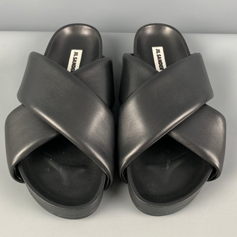 JIL SANDER Size 10 Black Leather Slip On Sandals