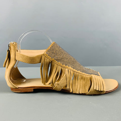 GIUSEPPE ZANOTTI Size 10 Beige Suede Studded Fringed Sandals