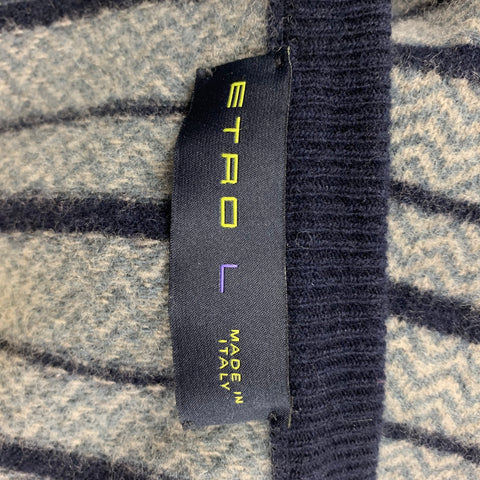 ETRO Size L Grey Blue Zig Zag Wool Cashmere V-Neck Cardigan