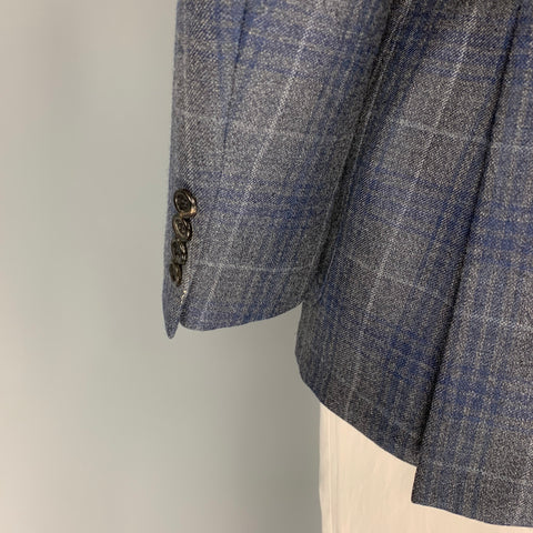 CANALI Kei Size 44 Grey Navy Plaid Wool Single Breasted Sport Coat